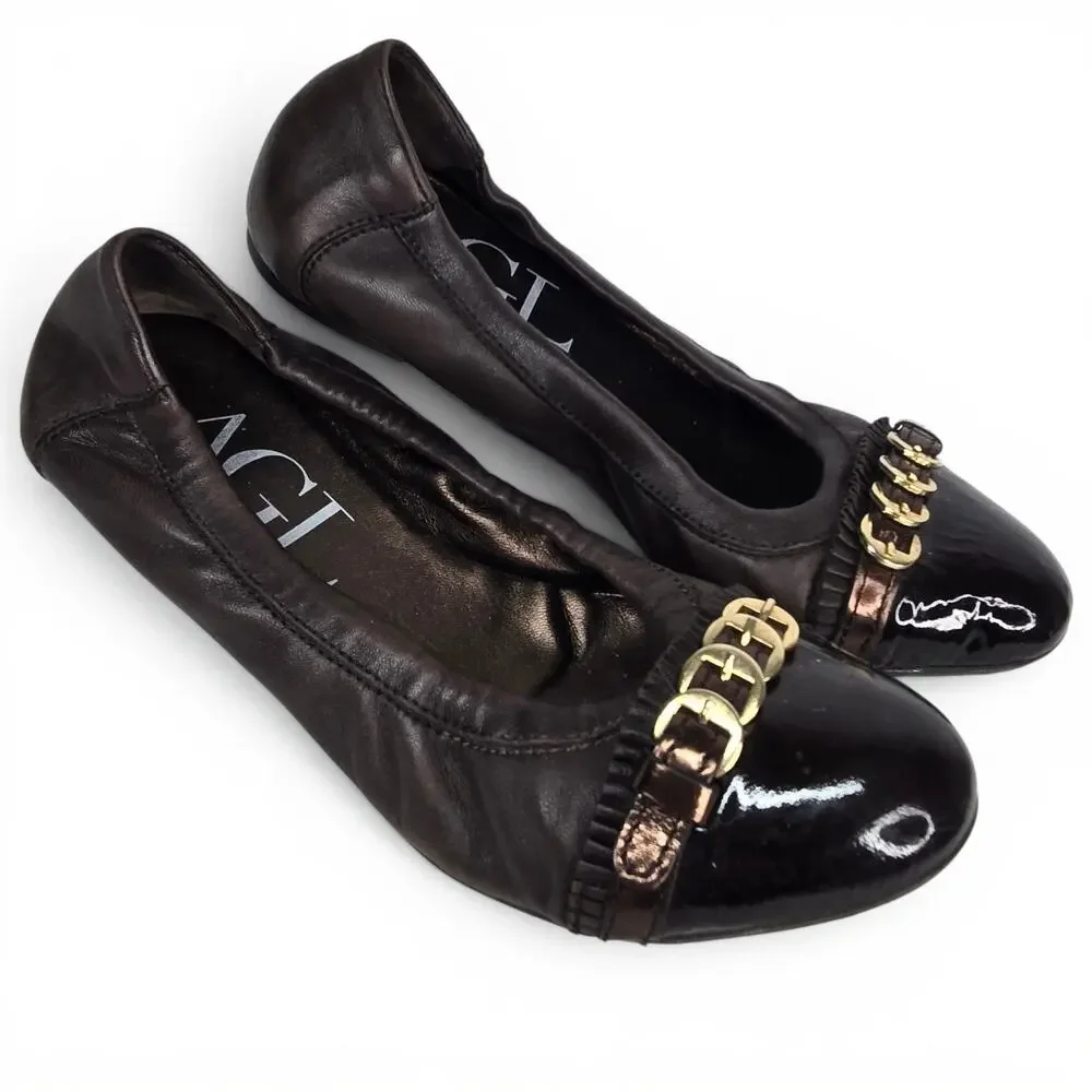AGL Attilio Giusti Leombruni Ballet Flats Cap Toe Leather Gold Buckle 37.5 7.5
